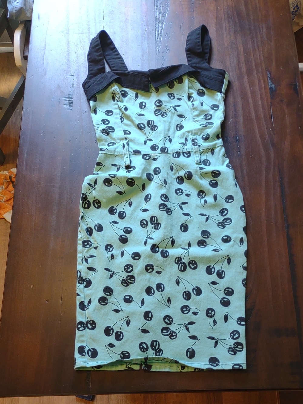 Mint Green Cherry-Print Midi Dress with Black Trim